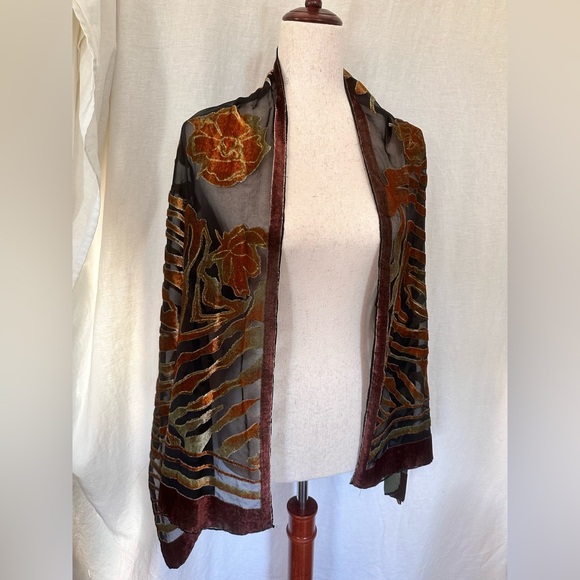 Velvet Scarf with Silk and Viscose black with bright Red Orange Detailing - Picture 2 of 10